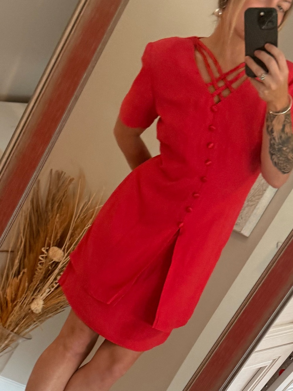 Vintage 80’s 90’s Vibrant coral pink Mini suit Dress with Lattice Neck button up